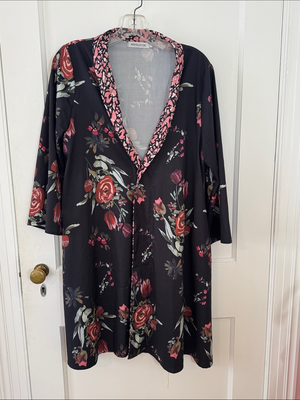 MISSLOOK Floral Open Front Duster with pockets, black with red/pink roses, S